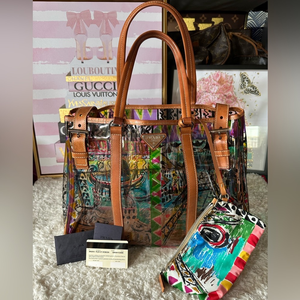 PRADA Venice Pattern Vinyl Tote Bag Multicolor with Pouch